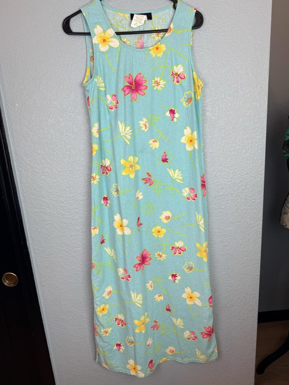 Denim & Co. Dress Womens 8 Blue Floral Linen Rayon Sleeveless Maxi Sundress
